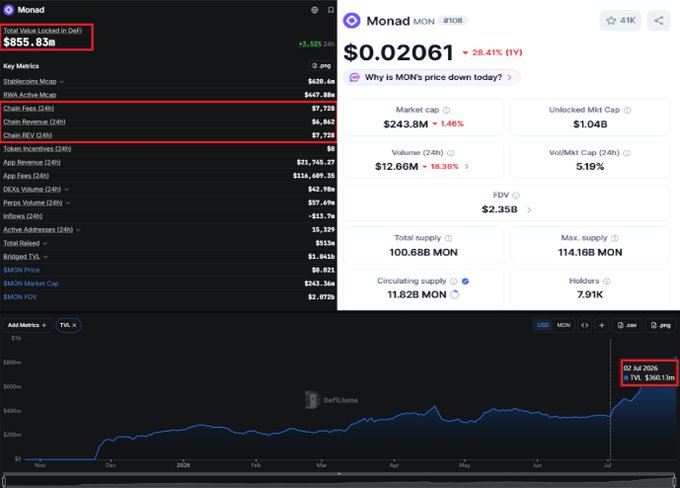 Cryptocurrency analytics dashboard for Monad (MON) showing price of $0.02061 (+28.41% 1Y), market cap of $243.8M, total value locked in DeFi of $555.83M, chain fees of $7,123, and historical price chart with TVL reaching $560.13M on 02 Jul 2026.