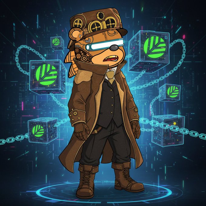 The image features a cartoon bear wearing a brown suit, hat, and boots standing against a blue background with green leaves scattered around him. The bear appears to be dressed for a formal occasion or event, possibly attending a party or a special gathering. The scene is set in an environment that resembles the internet, as indicated by the presence of web3 projects and tokens. The image also contains text that reads "Focus on what is in the image and how it relates to the post @CNPYNetwork". This suggests that the bear's attire and surroundings are part of a larger context or story being shared through this image.