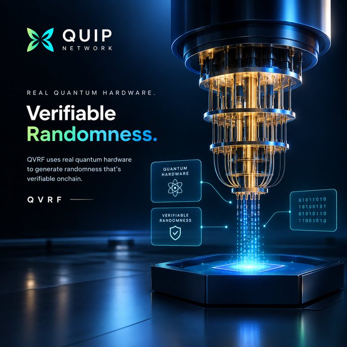 A promotional graphic for 'QUIP NETWORK' advertises 'Real Quantum Hardware. Verifiable Randomness' with text explaining that QVRF uses real quantum hardware to generate onchain verifiable randomness, alongside an image of a futuristic gold and blue quantum computer.