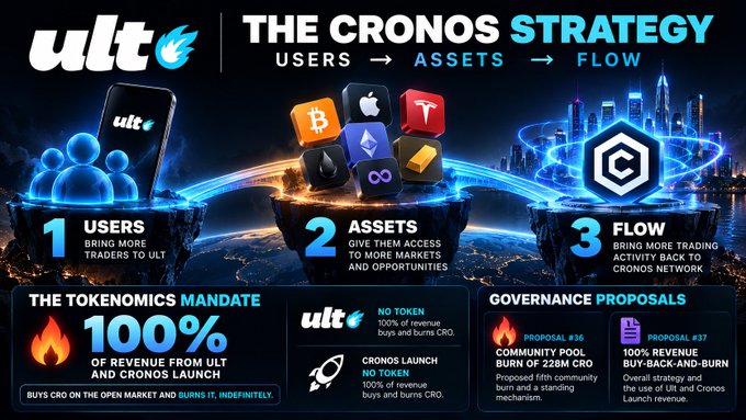 A promotional graphic for 'The Cronos Strategy' by ULT, outlining a three-step process: Users, Assets, and Flow, highlighting a tokenomics mandate of 100% revenue from ULT and Cronos launch, along with governance proposals #36 and #37.