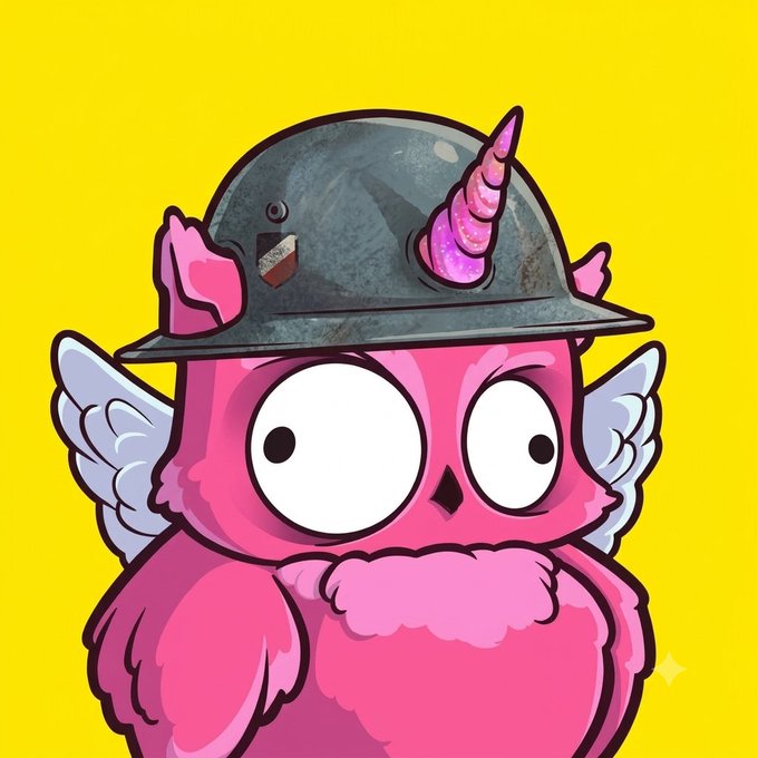 A cartoon illustration depicts a wide-eyed pink owl character with small white wings, wearing a dented gray military-style helmet adorned with a pink spiral unicorn horn and small wings. The character has its wings folded politely and is set against a bright yellow background.