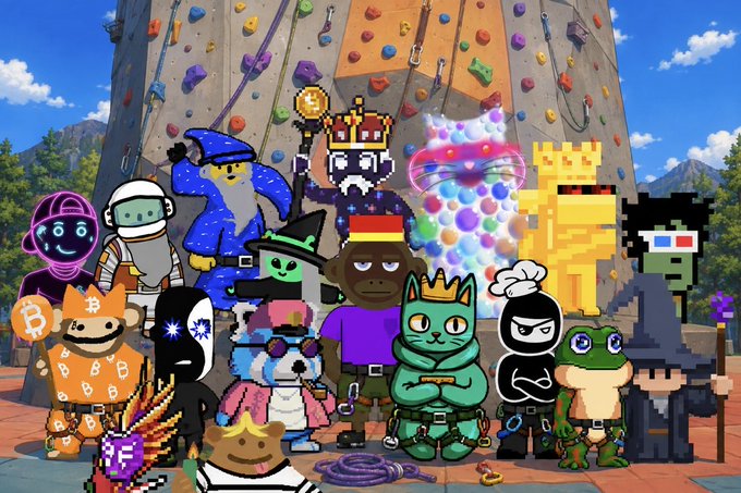 A group of various pixel-art characters pose together in front of a colorful rock climbing wall.