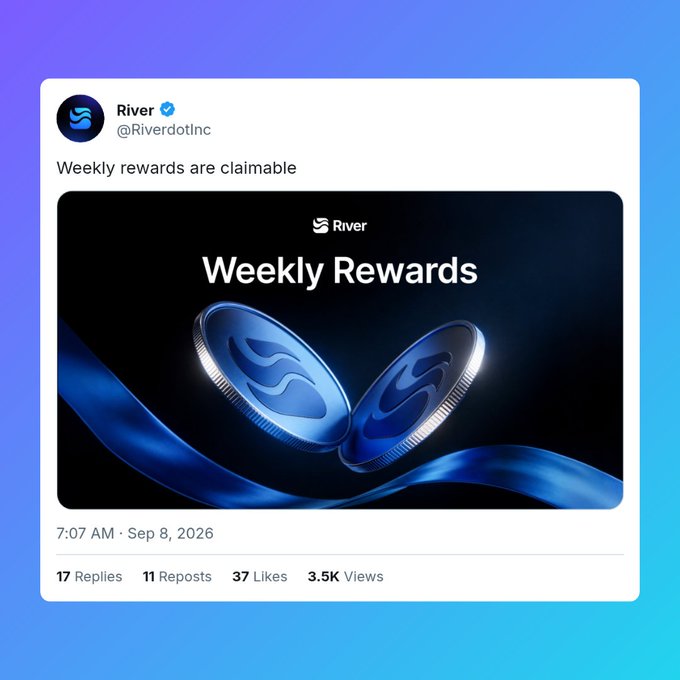 A tweet from 'River' (@RiverdotInc) announcing 'Weekly rewards are claimable,' dated 7:07 AM · Sep 8, 2026, featuring an image of blue coins. The post has 17 Replies, 11 Reposts, 37 Likes, and 3.5K Views.