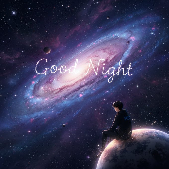 An anime-style illustration of a boy sitting on a planet in space, looking at a vibrant spiral galaxy, accompanied by the glowing text 'Good Night.'