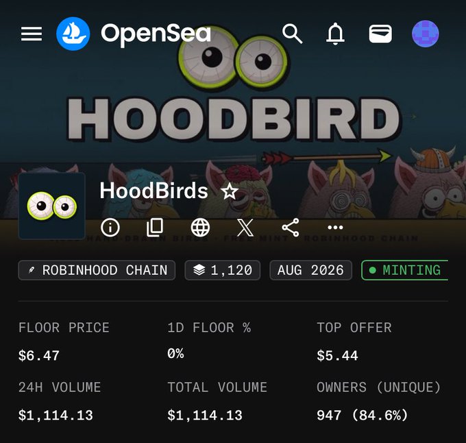 OpenSea NFT marketplace screenshot showing a collection named 'HoodBirds' on the Robinhood Chain, with a floor price of $6.47, top offer of $5.44, and 947 unique owners, currently minting.