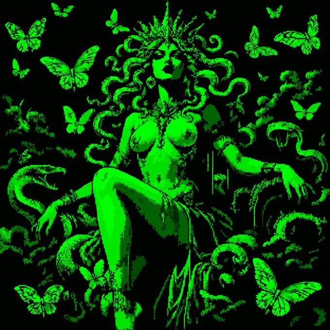 The image displays a green, pixel-art illustration of the 'Emerald Gorgon' with snake hair, surrounded by butterflies and snakes on a black background.