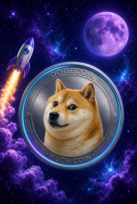 A digital illustration features a large Dogecoin token with a Shiba Inu dog and the text 'DOGECOIN' and 'MUCH COIN' set against a cosmic background with a purple moon and a launching rocket.
