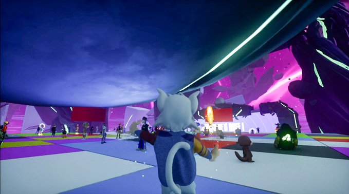A screenshot from a colorful, cartoonish video game featuring an anthropomorphic white character looking out over a vibrant, futuristic plaza with other players and large structures in the background.