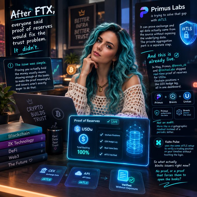 Promotional graphic for Primus Labs featuring a woman with teal hair, discussing 'zkTLS' and 'Proof of Reserves' as a solution to crypto exchange trust issues, with the URL 'x.com/CryptoRevieCity' visible.