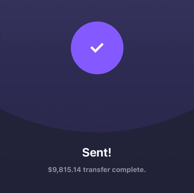 The image shows a purple circle with an "SENT!" written inside of it, indicating that someone has sent money to the account represented by the circle. The text in the image also mentions that the donation was made using Bitcoin, specifically $DOGE (Dogecoin).
