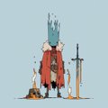 A pixel art illustration of an elderly bearded wizard or sage in a red robe standing on a small rocky outcrop against a light blue background, holding a staff and a glowing blue magical flame above his head.