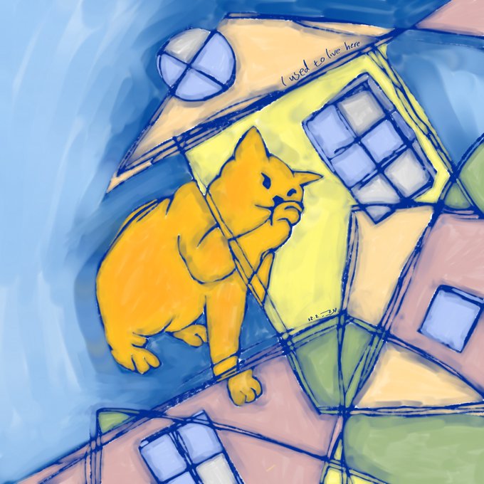 A digital painting of an orange cat resting on a building rooftop, with handwritten text 'i used to live here' on the wall.