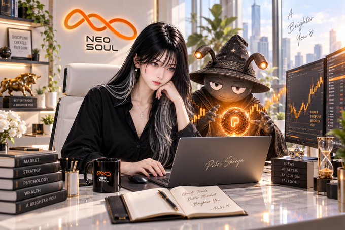 An AI-generated promotional image for 'Neo Soul' depicting an anime-style woman working at a desk with books labeled 'MARKET', 'STRATEGY', 'PSYCHOLOGY', and 'WEALTH', accompanied by a wizard-like creature holding a glowing Pi (π) cryptocurrency token.