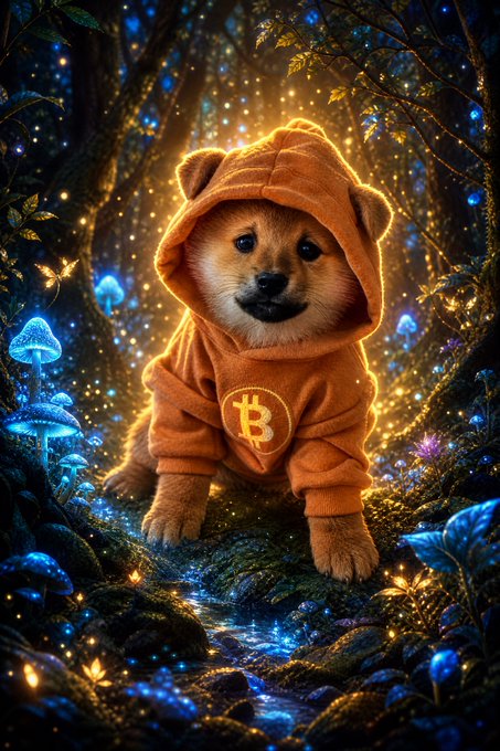 AI-generated digital artwork of a Shiba Inu dog puppy wearing an orange Bitcoin hoodie, sitting in a magical glowing forest with blue mushrooms and golden light.