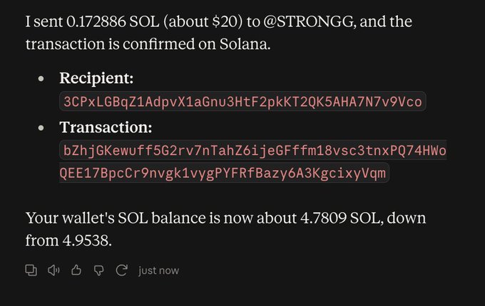 A message confirming a Solana transaction of 0.172886 SOL (~$20) sent to @STRONGGG, including wallet addresses for the recipient and transaction, noting the SOL balance dropped from 4.9538 to 4.7809.