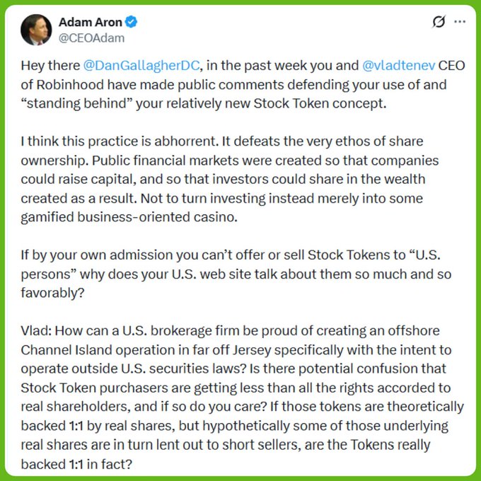 A screenshot of a tweet from Adam Aron (@CEOAdam) addressing Dan Gallagher and Vlad Tenev regarding the Stock Token concept, criticizing it as 'abhorrent' and questioning its implications for U.S. investors.
