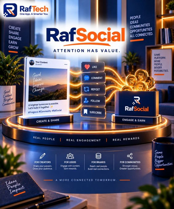A promotional graphic for 'RafSocial' by RafTech with the tagline 'ATTENTION HAS VALUE,' highlighting features like Create & Share, Engage & Earn, For Creators, For Users, For Brands, and For Communities.