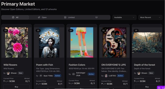 A 'Primary Market' webpage displaying digital art and 1/1 NFTs available for purchase, including titles like 'Wild flowers', 'Poem with Fish', 'Fashion Colors', 'ON EVERYONE'S LIPS', and 'Depth of the forest', priced in $CBK.