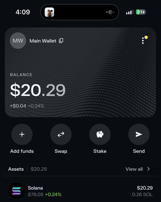 A smartphone screenshot of a crypto wallet app displays a "Main Wallet" with a balance of $20.29, consisting of 0.26 Solana (SOL) valued at $78.05. The image appears to be shared as "proof" of a Solana balance in response to a $20 SOL giveaway contest on social media.