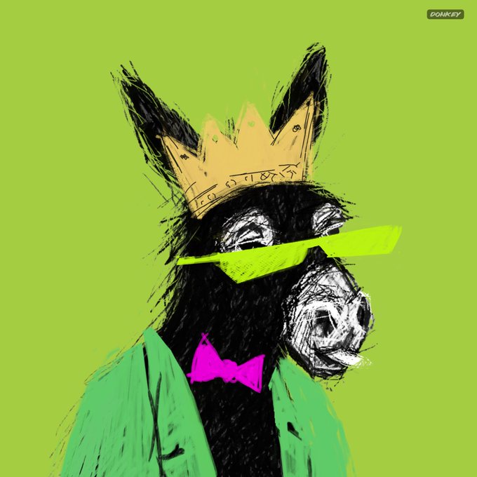 A digital illustration of a black donkey wearing a gold crown, neon green sunglasses, a magenta bow tie, and a green shirt against a bright green background, with 'DONKEY' text in the top right.