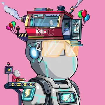 The image features a cartoon character with a large head wearing glasses and a helmet, standing against a pink background. The character appears to be a robot or a machine, possibly from the @npconchain event. In front of the character's face is a vending machine-like structure that has been turned into an NPC factory. There are several tiny NPCs being created, packed, and shipped out into the wild. The character also has a small robot attached to its back, which seems to be controlling the creation process.