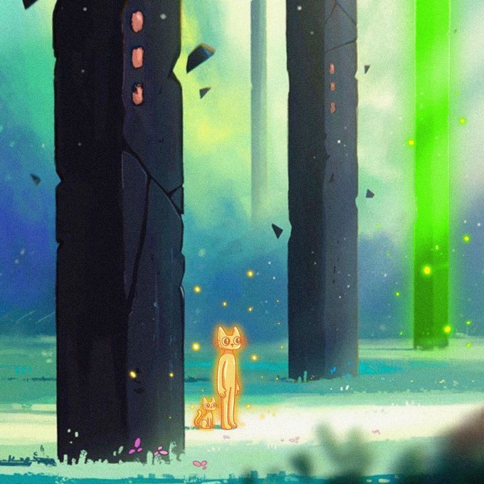 A glowing cat-like figure stands small at the base of towering dark monoliths in a mystical, ethereal landscape, evoking a sense of awe and the small-but-mighty theme. The post's message about CETS being an emerging cultural force is visually reinforced by the image's symbolism of a humble figure standing boldly before massive, imposing structures.
