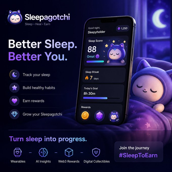 An advertisement for the 'Sleepagotchi' app featuring the tagline 'Better Sleep. Better You.' displays a smartphone showing a Sleep Score of 88, a 7-day sleep streak, and 1,250 rewards, alongside a purple cat-like character in a nightcap.