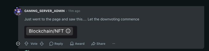 A screenshot of a Reddit comment by user 'GAMING_SERVER_ADMIN' that reads: 'Just went to the page and saw this.... Let the downvoting commence', with a link flair labeled 'Blockchain/NFT'.