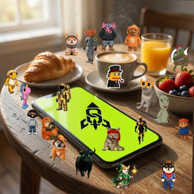 An AI-generated image showing a smartphone on a wooden table surrounded by various cartoon characters and mascots, with breakfast items like coffee, a croissant, orange juice, and berries in the background.