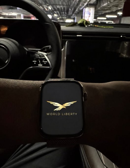The image features a person wearing a watch with a gold logo, which says "World Liberty" on its screen. The watch appears to be an Apple Watch, as indicated by the presence of a car in the background. The watch's design is sleek and modern, reflecting the brand's commitment to innovation and style.