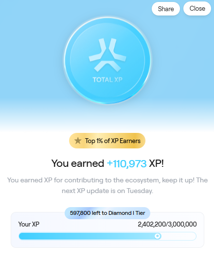 A page with a blue background featuring an Xp logo which is accompanied by text giving details of how much XP was earned within two days (6 weeks) for the XP user. The XP amount is $59,800, and at least one other update is scheduled for Saturday at 2:00 pm.