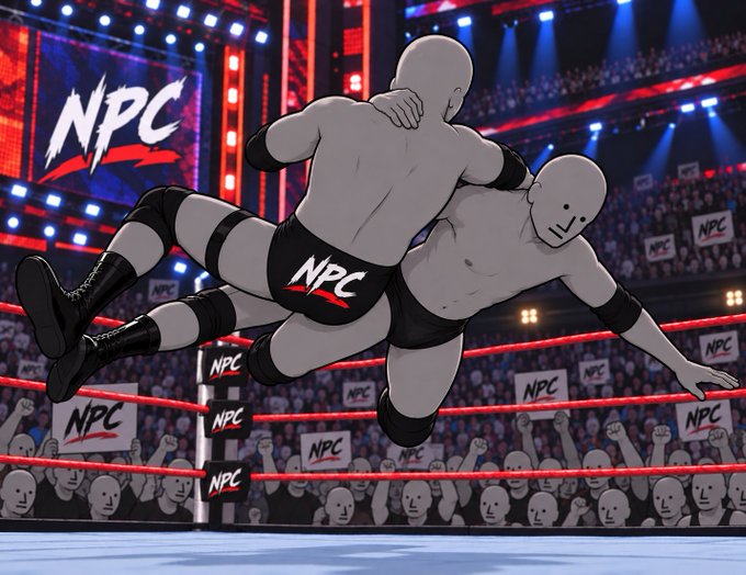An illustrated wrestling ring scene depicts two featureless gray figures grappling, with 'NPC' branding displayed on banners, turnbuckle pads, and a large logo in the background