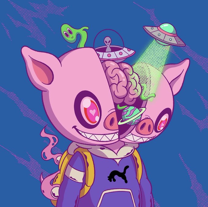 A cartoonish pink pig alien with a split head revealing an exposed brain being abducted by a UFO, smiling widely while wearing a purple hoodie with a pig logo, fitting the wacky NFT art style of the Kevin the Wacky Alien collection mentioned in the post.