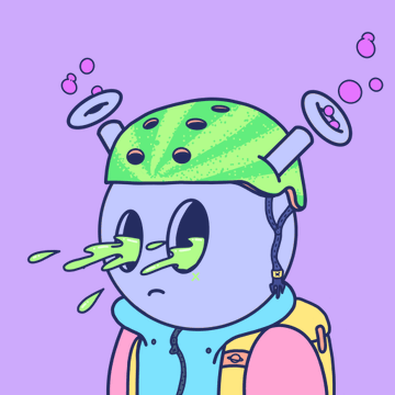 A cartoon character with a watermelon helmet has green liquid shooting from its eyes against a purple background, visually representing the "Quirkies" NFT collection referenced in the Opensea sale post.