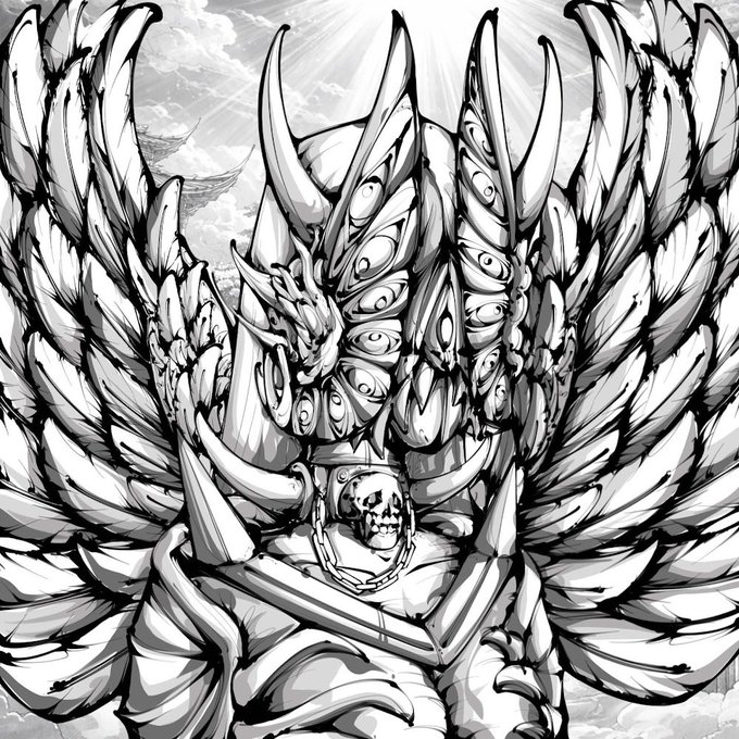 A detailed black-and-white manga or comic-style illustration of a heavily armored, winged warrior or demon character with horns and a skull motif on the chestplate.