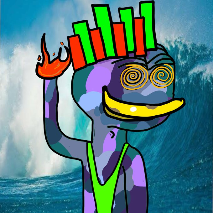 A cartoon illustration of a purple and blue character with a yellow duck-like bill, spiral hypnotic eyes, and green and red bar-like hair holding a flame, set against an ocean wave background.