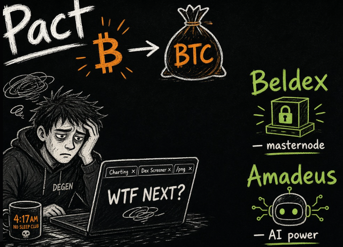 A chalkboard-style illustration shows a tired, hooded person with 'DEGEN' on their jacket sitting at a laptop displaying 'WTF NEXT?' with tabs for 'Charting', 'Dex Screener', and 'feg.'. Text and graphics promote 'Pact' as a Bitcoin (BTC) money bag, 'Beldex' with a masternode icon, and 'Amadeus' with an AI power robot icon.