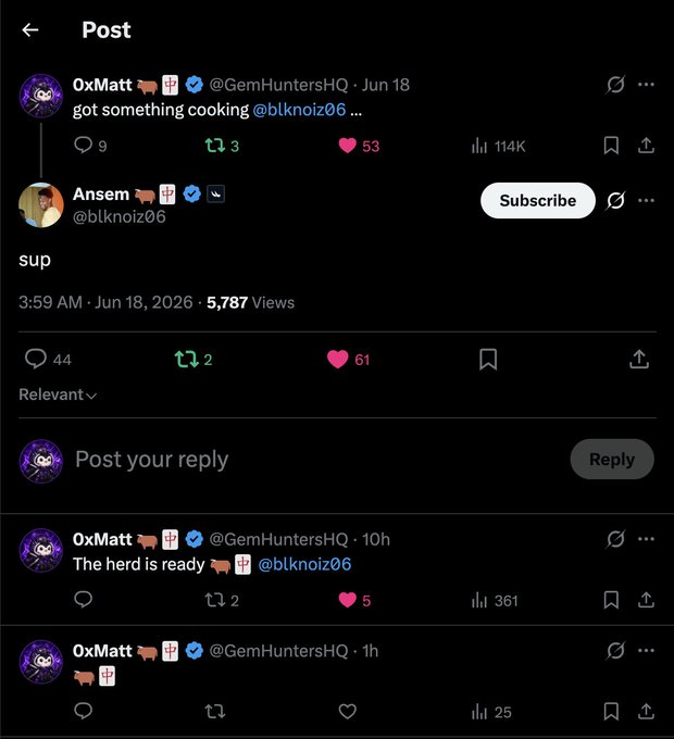 A Twitter/X post thread shows OxMatt @GemHuntersHQ replying 'got something cooking' to Ansem @blknoiz06's 'sup' post, with additional comments like 'The herd is ready'.
