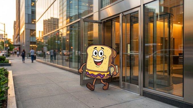 A digitally inserted cartoon character of a sandwich with a face, arms, and legs appearing to walk out of the glass revolving doors of a modern office building.