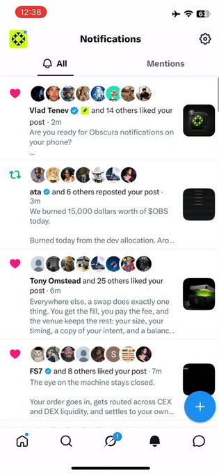 The image shows a Notifications tab from what appears to be a social media or DeFi app, displaying likes and reposts on a post about burning 15,000 dollars worth of $OBS tokens. The post references "Obscura notifications on your phone" and mentions that an order "gets routed across CEX and DEX liquidity" — highlighting community engagement around the $OBS token that the RH CEO is now paying attention to.