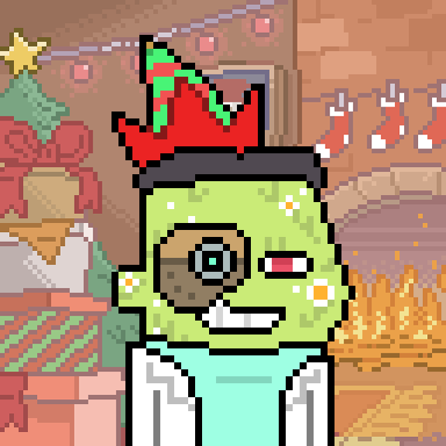 A pixel art illustration features a green-skinned zombie-like character with one large brown eye, wearing a tattered black top hat and a white lab coat.