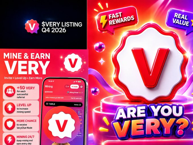 The image is a promotional graphic for the $VERY token, featuring a vibrant red and purple design with the text "$VERY LISTING Q4 2026," "MINE & EARN VERY," and "ARE YOU VERY?" alongside callouts for "FAST REWARDS," "REAL VALUE," and benefits like "+50 VERY for each successful referral" and "MINING 24/7," visually reinforcing the post's announcement of the upcoming Q4 2026 exchange listing and VeryChat's ongoing development.