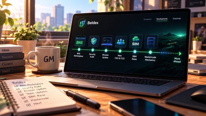 A desk setup featuring a laptop displaying a 'Beldex' roadmap with milestones like 'BNS Marketplace', 'Security Audit', and 'New CSO & COO', alongside a coffee mug labeled 'GM' and a handwritten to-do list.