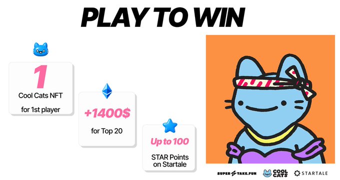 A 'PLAY TO WIN' promotional graphic advertises rewards including a Cool Cats NFT for 1st place, +1400$ for the top 20, and up to 100 STAR Points on Startale, featuring a cartoon blue cat with a headband.