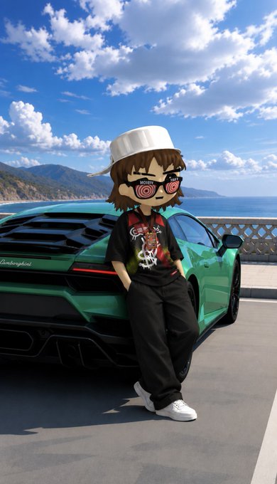 Anime-style character with spiral glasses and a white cap leaning against a green Lamborghini on a coastal road.