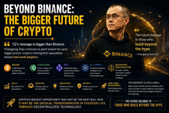 An infographic titled "Beyond Binance: The Bigger Future of Crypto" features Changpeng Zhao (CZ) alongside the Binance logo, illustrating how crypto is evolving beyond speculation toward real-world applications across Bitcoin, stablecoins, DeFi, AI+Crypto, and blockchain infrastructure—reinforcing the post's message that CZ's vision points to a larger purpose than Binance itself: building the decentralized technology that will transform everyday life.
