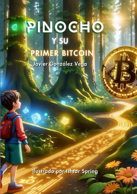 The image features a young boy standing next to a tree with a coin attached to his backpack. The coin has a golden hue and appears to be a Bitcoin. The background of the image depicts a forest, adding an element of nature to the scene. The text in the image reads "Primer Bitsqui" and "y Su Pinoche", which translates to "Prime Bitcoin" and "Pinoche", respectively.