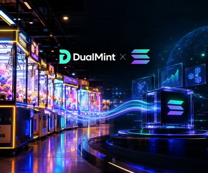 A vibrant arcade filled with illuminated claw machines glows on the left, while a futuristic holographic Solana blockchain display projects on the right beneath the "DualMint" logo, visually linking real-world arcade entertainment to on-chain revenue generation through the $PLAY token.