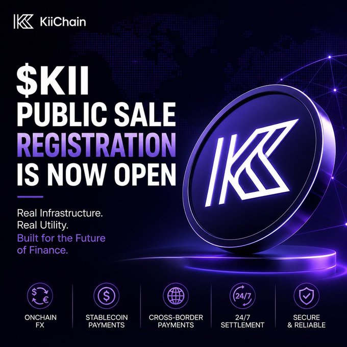 A promotional graphic for KiiChain announces "$KII PUBLIC SALE REGISTRATION IS NOW OPEN," highlighting features like onchain FX, stablecoin payments, cross-border payments, 24/7 settlement, and security.