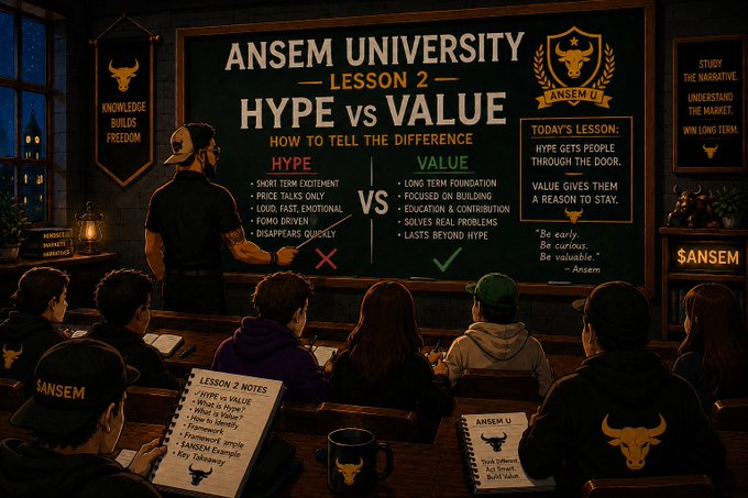 An illustrated classroom scene at 'ANSEM UNIVERSITY - LESSON 2' featuring a chalkboard lesson comparing 'HYPE vs VALUE' with traits like 'short term excitement' versus 'long term foundation,' watched by students taking notes.